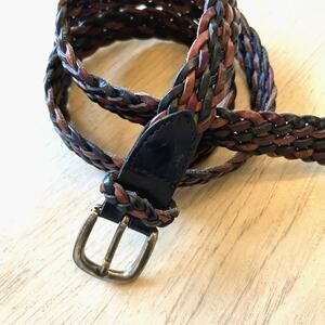 braided Belt 40 green tan Brass Buckle Leather Made In Turkey nautical preppy